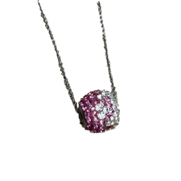 SILVER tone Necklace Pink White Rhinestones Crystals Bead Style Round on Chain - Picture 1 of 5